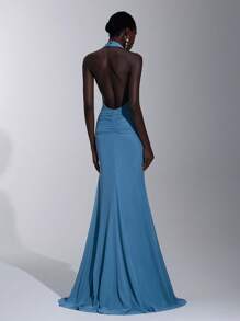 Elitara Vestido elegante, romántico, sexy, minimalista, azul, elástico, de cuello halter, espalda descubierta, ajustado, con nudo, transparente, de moda, de influencer, para festival, vacaciones, fiesta de cumpleaños, boda, dama de honor