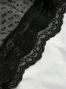 SHEIN MOD 多功能白色二合一蕾丝波点拼接蕾丝花朵圆领加大码弹力针织短袖T恤上衣，沙滩度假 - 黑與白 - 查看 4