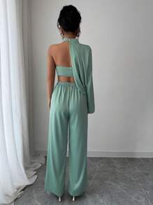 SHEIN Clasi Bộ đồ 2 món gợi cảm cổ tròn dài tay hở vai màu quýt cho nữ - màu xanh lá - Xem 2