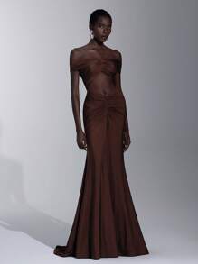 Elitara 优雅、浪漫、性感、简约、棕色、有弹性、露肩、露背、露肩、收腰、系结、透视、时尚、节日、度假、生日派对、婚礼、伴娘礼服 - 棕色 - 查看 5