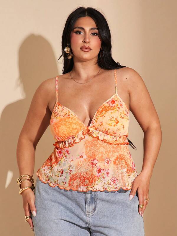 SHEIN BAE Plus Size Women's Spring/Summer Ditsy Floral Ruffled Edge Spaghetti Strap Net Sheer Cami Top, Vacation Beach Elegant,4th Of July Clothes,4th Of July Outfits,Summer Tops,Tank Tops, Y2k,Crop Tops Women,Off The Shoulder Top,Western Wear Women,Cute Tops,Club Outfits Women Sexy,Going Out Top,Graduation