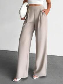 EURMUSE 女式纯色高腰褶皱直筒休闲裤 - 米色 - 查看 6