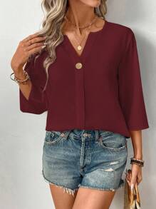 SHEIN LUNE Blouse élégante pour printemps/été avec encolure échancrée minimaliste, convenant pour le trajet domicile-travail