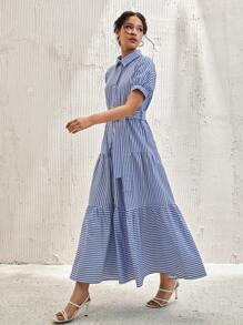 RueChic Women Extra Long Belt Detailed Shirt Dress - Blue - View 3