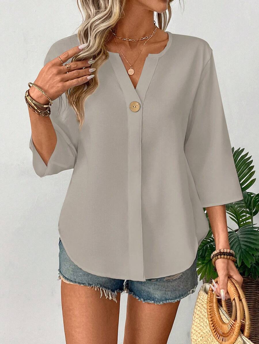 SHEIN LUNE 女士优雅翻领衬衫，简约办公室装，春夏 - 灰色 - 查看 1