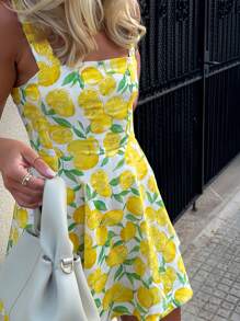 Island Vacation Style Lemon Yellow Sweet Short Dress - Yellow - View 2