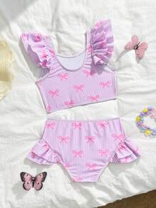 SHEIN 少女条纹蝴蝶结印花盖袖比基尼泳装套装 - 粉色 - 查看 5