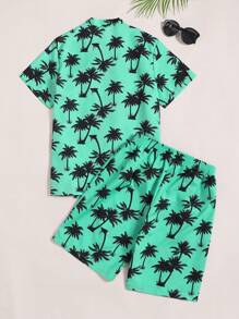 Teens Tropical Palm Tree Allover Print Vacation Outdoor Beach Set - Dark Green - View 2