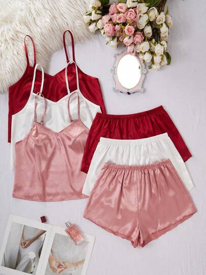SilkySpell 3件套女士简约纯色吊带背心和短裤睡衣套装