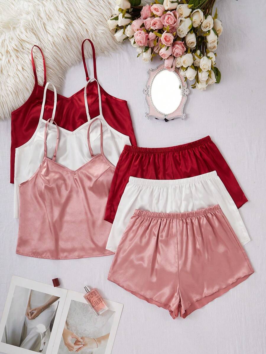 SilkySpell 3件套女士简约纯色吊带背心和短裤睡衣套装 - 彩色 - 查看 1