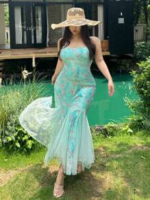 Dazy Plus 大码印花撞色网纱拼接侧开衩无袖度假风连衣裙/舞会礼服 - 藍色 - 查看 6