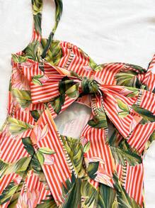 Soleia 女士细肩带露背蝴蝶结 A 字迷你连衣裙，热带花卉和条纹印花，适合度假、音乐节、波西米亚风、假日、海滩、下午茶 - 綠色 - 查看 6