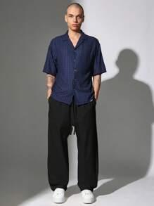 SUMWON 宽腿抽绳裤宽松休闲阔腿裤休闲裤度假服高舒适时尚长裤 - 黑色 - 查看 3