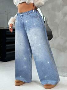 SHEIN ICON Oversized Blue Jeans BlingBling Diamond Wide-Leg Pants Summer Street Wear Music Festival Wear Y2K - Light Wash - View 6