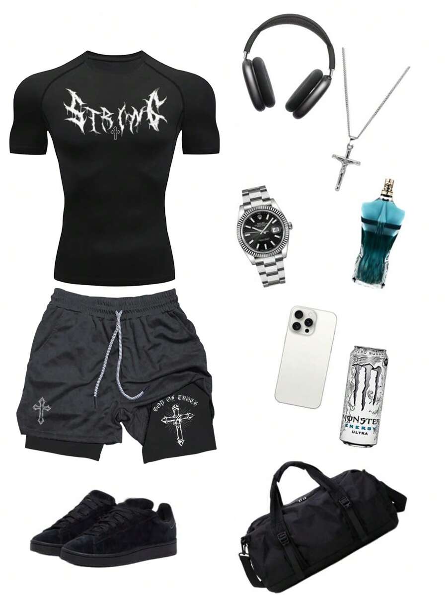 Manfinity Sport Corelite Men's Sports Set: Short Sleeve T-Shirt And Shorts, Fashionable For Summer Workout Clothes Running Sets, For Back To School