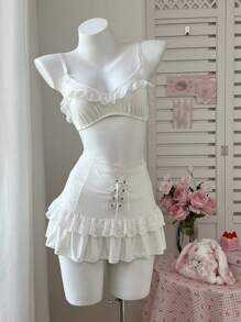 SHEIN 3pcs Sexy Lace Patchwork Lingerie Set - White - View 6