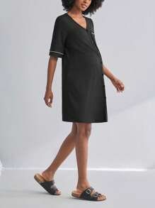 BloomMama Maternity Short Sleeve Nursing Nightgown With Lace&Button,Fashion Loungewear Sleepwear Pajama Dress Sleep Shirt