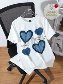 SHEIN EZwear 休闲心形图案宽松圆领短袖 T 恤，女式，略显透明，夏季