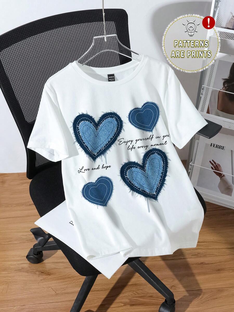 SHEIN EZwear 休闲心形图案宽松圆领短袖 T 恤，女式，略显透明，夏季