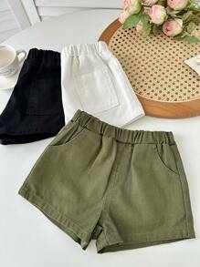 SHEIN 3件套女童黑色、军绿色、白色牛仔短裤 - 彩色 - 查看 6