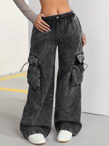 EASEVO Plus Size Men Loose Distressed Denim Jeans With 3D Pocket, Long Length - Black - View 6