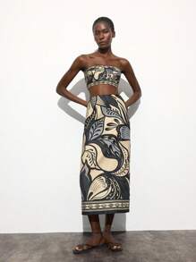 Maija Bộ đồ mùa hè màu mơ và đen họa tiết hoa cho nữ, áo crop top lưng thun co giãn và chân váy dài có khóa kéo ở eo co giãn, bộ đồ 2 món tối giản gợi cảm cho kỳ nghỉ bãi biển, trang phục Hawaii theo phong cách Hawaii, trang phục đi biển cho phụ nữ, trang phục phong cách Boho phương Tây dành cho phụ nữ - màu đen - Xem 4