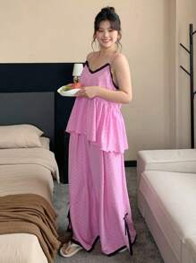 Dazy Plus Contrast Lace Polka Dot Cami Top & Loose Pants Pajama Set - Hot Pink - View 6