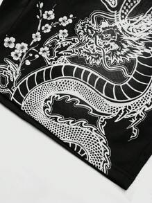 ROMWE MEN Anime Herren Sommer Shorts mit Doppel-Tunnelzug Taille, Chinesischer Drachen & Buchstaben Muster