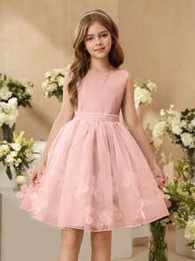 SHEIN 新款花童礼服，女童公主短款薄纱蓬松礼服，钢琴表演礼服 - 粉色 - 查看 5