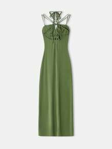 Maija Vestido de verano verde con espalda abierta para mujer, vestido maxi elegante y sencillo con tirantes cruzados, cola de gallo sin espalda, elegante, para fiesta, graduación profesional de damas y verano casual, Formal Vestido para fiestas/danza, outfit de cumpleaños