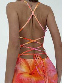 Aloruh 女式休闲围脖领夏威夷芙蓉扎染图案露背交叉肩带连衣裙，适合夏季、度假、音乐节 - 橘色 - 查看 2