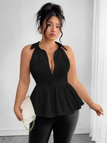 Elenzga Damen Große Größen Elegante einfarbige schwarze ärmellose Bluse mit gerüschtem Saum, romantisches, vielseitiges Design für Lässig/Business, Neu für Frühling/Sommer, Ausgehoberteil