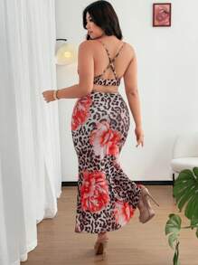 SHEIN Clasi Plus Size Sleeveless Leopard Print Dress, Fashionable For Summer - Baby Pink - View 3