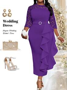 SHEIN Lady Frühlings- und Sommer-Elegantes Partykleid, Hochzeit, Cocktailparty, Konzert/Musikfestival, Weiß gestrickt mit Stickerei, Meerjungfrau-Silhouette mit Gürtel, Volant, Schlitz, Dreiviertelarm, Große Größen