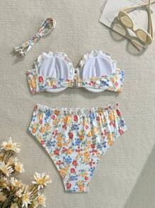 Swim Mod 2pcs Women Beach Swimsuit Set, Sweet Casual Random Print Adjustable Straps Ruffled Trim Padded Bikini For Summer Beach Vacation - Multicolor - View 5