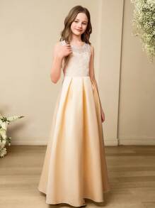 SHEIN Elegant Tween Girls Wedding Party Dress, Lace Collar Lace Vest For Tween Girl, Girls Luxury Satin Puffy Princess Dress, Suitable For All Seasons