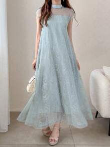 FRIFUL Đầm dài dáng chữ A cổ đứng phối ren lưới tương phản dành cho nữ, chân váy xòe rộng. - màu xanh lá - Xem 6