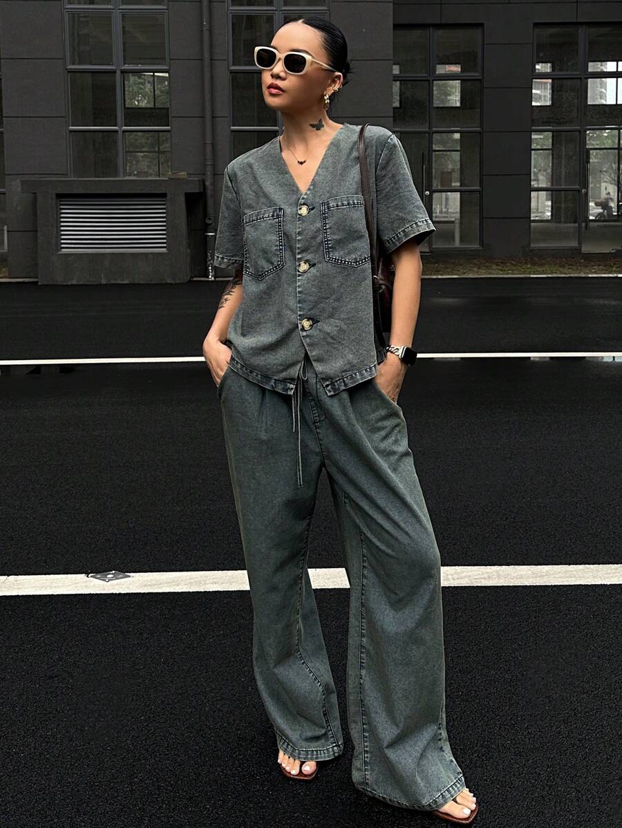 DAZY 女士V领牛仔套装，春夏 - 藏蓝色 - 查看 1