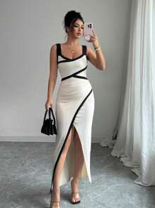 Chiquease French Elegant Waist-Gathered Ruffle Splice Backless Slit Bodycon Dress For Women - Apricot - View 6