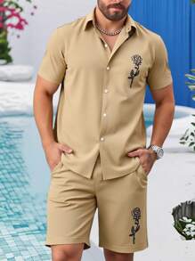 Manfinity Homme Men's Flower & Letter Graphic Short Sleeve Shirt Set - Khaki - View 8