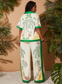 SHEIN SXY 大码女装春夏优雅棕榈树印花两件套，短袖宽松衬衫搭配宽松长裤，适合日常穿着、婚礼、波西米亚风、热带度假等场合。这款两件套女装，风格百搭，适合外出、度假、海滩度假、假日、海边、西式、加勒比风情、音乐会、狂欢节派对等场合，层次丰富，适合约会、伊比沙岛、纳什维尔等地。风格简约、时尚、可爱、休闲，适合购物、街头风、外出等各种场合。易于搭配，显瘦，凸显身材，修饰身形。 - 綠色 - 查看 3