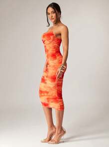 Silquee 橙色优雅花卉浪漫印花连衣裙，弹力网布修身连衣裙，适合浪漫约会、派对、情人节等节日 - 彩色 - 查看 6