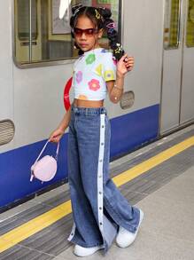 SHEIN Tween Girl Spring Summer Contrast Color Button Loose Pocket Casual Versatile Baggy Wide Leg Jeans, Casual Concert Rave Festival Fall Winter