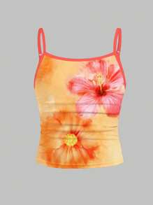 SHEIN Girlism 3 件套可爱樱桃红、紫红色、橙色扎染热带花卉印花工字背心，青少年女孩修身休闲运动基本款吊带背心 3 件套，海滩复古风格，可爱的 Y2K 椰子女孩波西米亚风度假，适合夏季 - 彩色 - 查看 3
