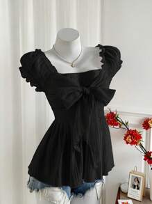 Sweetra 甜美女性蝴蝶袖口短袖雪纺衬衫，适合夏季穿着 - 黑色 - 查看 3