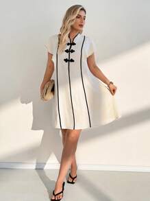 Auralis Vestido holgado informal de talla grande con ribete de bloques de color - Albaricoque - Ver 5