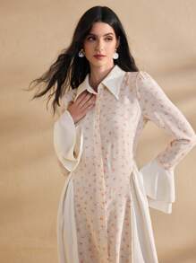 Graceveil Women's Shirt Collar Flare Sleeve Splicing French Elegant Floral Dress Fall Cloth For Women - White - View 1