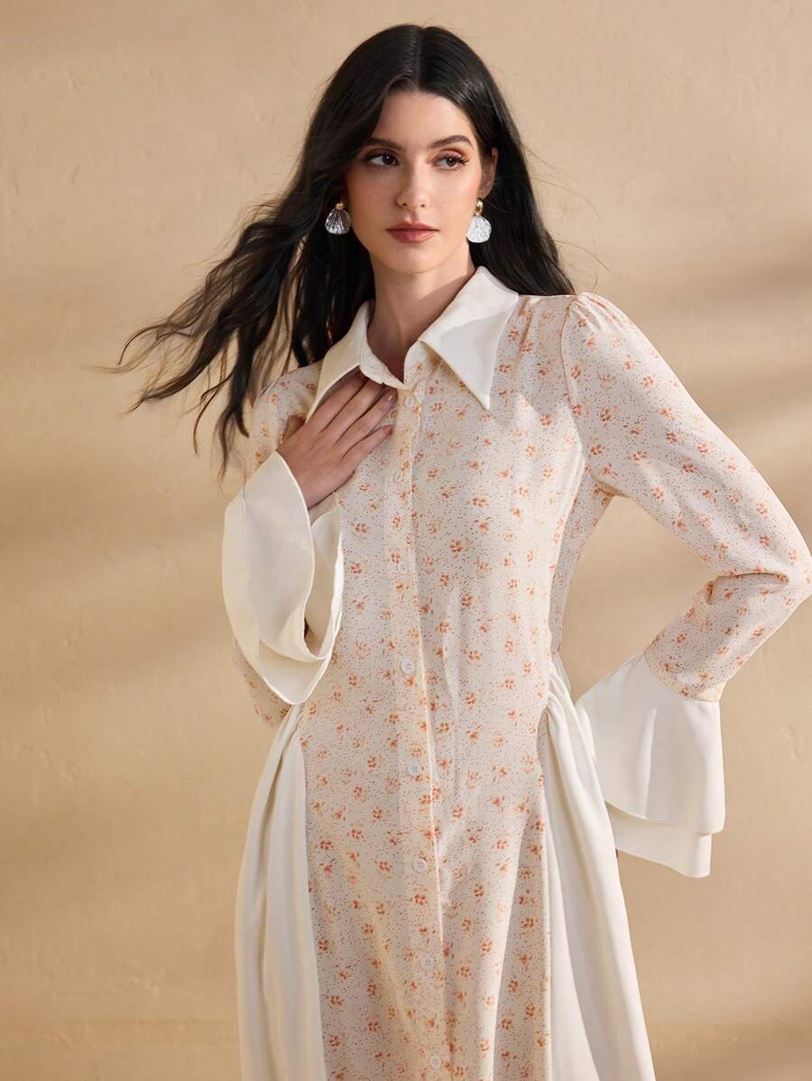 Graceveil Women's Shirt Collar Flare Sleeve Splicing French Elegant Floral Dress Fall Cloth For Women - White - View 1