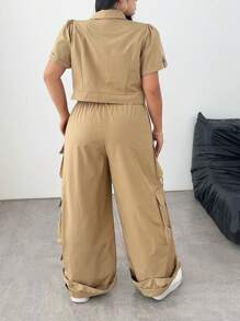 POPSWAY 2 piezas Set de Mujer Talla Grande: Top casual de manga corta caqui + Pantalones utilitarios - Caqui - Ver 3