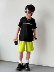 2pcs/Set Tween Boy Casual Letter Pattern Contrast Color Round Neck Short Sleeve T-Shirt And Shorts Set, Suitable For Commuting, School, Daily Casual Wear, Sports, Spring/Summer - Black - View 4